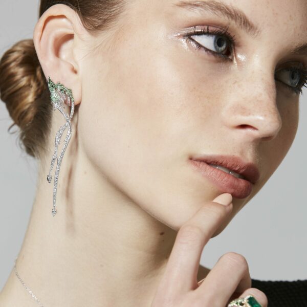 Elegant Diamond and Tsavorite Drop of Happiness Earring with Model