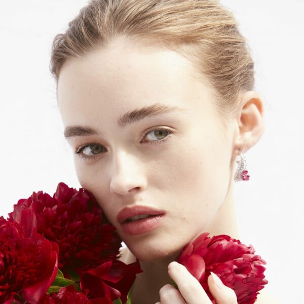 Couture Lacey red race Diamond and Ruby Earring and ring with model