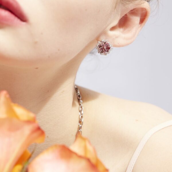 Elegant White Gold Rose Bud Diamond, Sapphire and Pink Tourmaline Stud Earrings and Necklace with model
