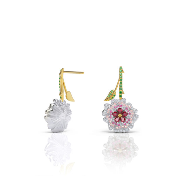 Luxury White and Gold Rose Bud Drop Diamond, Sapphire and Tourmaline Earrings