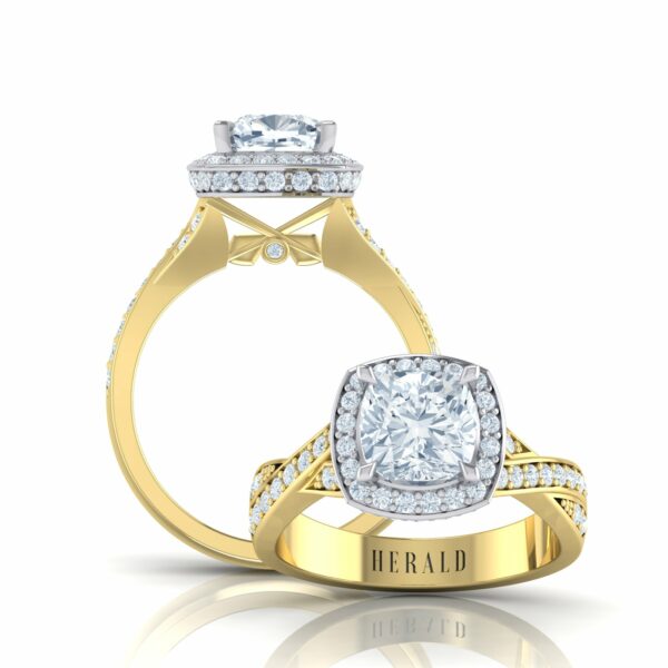 Luxury Yellow Gold Herald Cushion Halo Diamond Ring