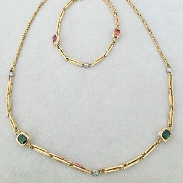Elegant Yellow Gold Tex Green Sapphire and Diamond Necklace and Bracelet