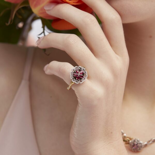 Elegant Gold Virtue Pinky Ring in Ruby, Sapphire and Diamond with model