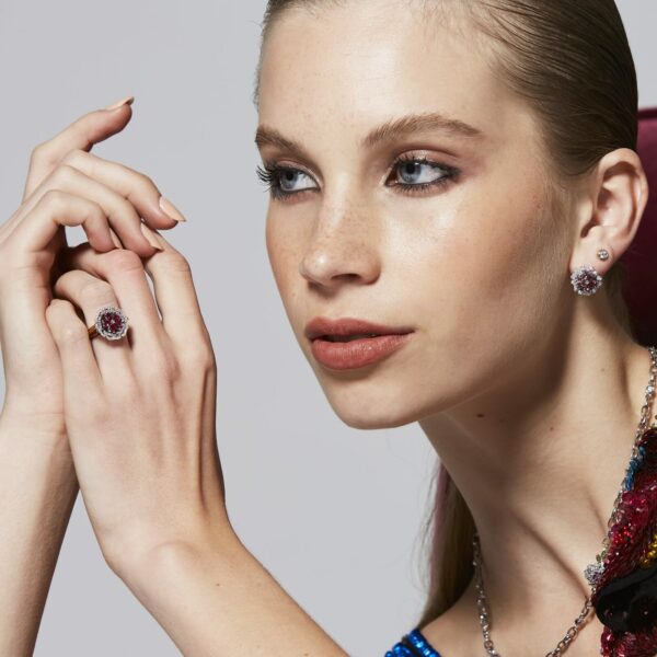 Elegant Gold Virtue Pinky Ring in Ruby, Sapphire and Diamond with model
