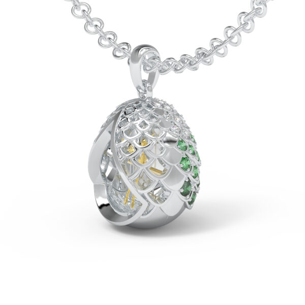 Luxury Hummingbird White Gold Egg Pendant with Diamonds and Tsavorite