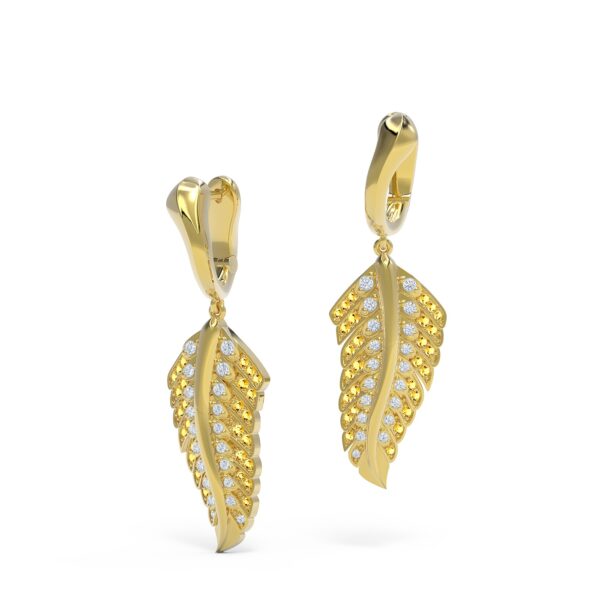 Luxury Yellow Gold Golden Feather White Diamond and Sapphire Drop Earrings 13mm Gold Vane Hoops