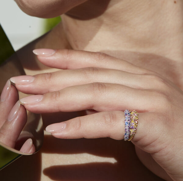 Luxury Blue Pink Purple Yellow Orange Sapphire 18kt Gold Stacker Ring