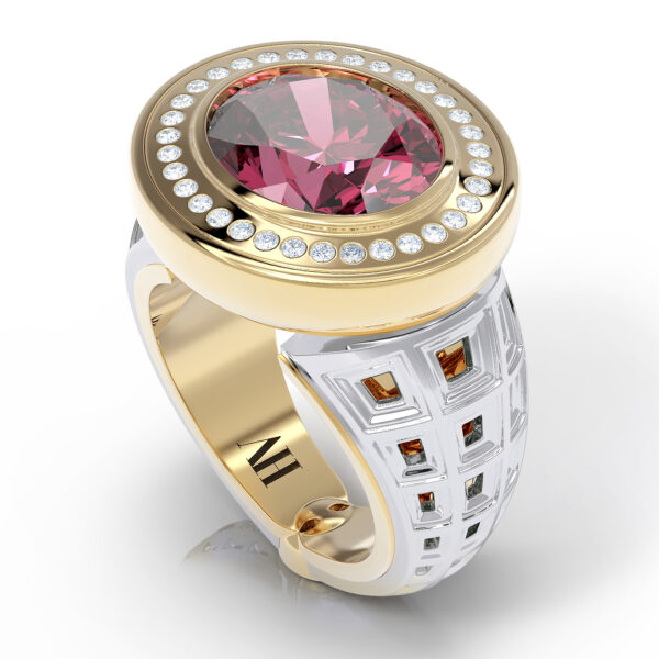 Luxury 18kt gold pink tourmaline diamond ring greek ring