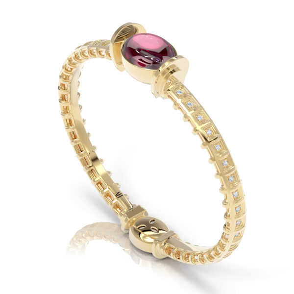 Pink tourmaline diamond hinged bangle 18kt gold textured cut out roman inspired