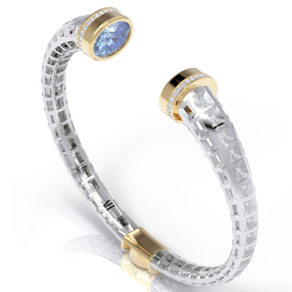 Blue sapphire diamond textured coffered cut out roman inspired luxury bangle high end 18kt gold