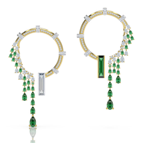 Luxury statement event evening couture celebrity diamond tourmaline tsavorite event earrings 18kt gold greek inspired nature taking over columns Venus Goddess