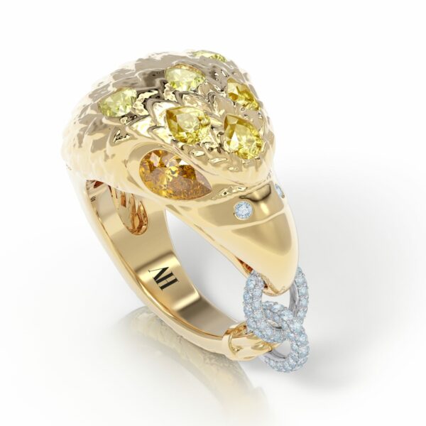 18kt gold diamond and sapphire pinky ring, eagle ring, storytelling ring, luxury