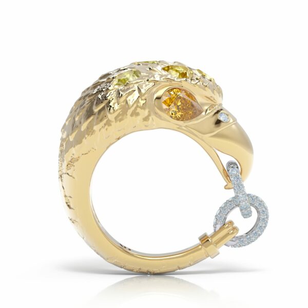 18kt gold diamond and sapphire pinky ring, eagle ring, storytelling ring, luxury