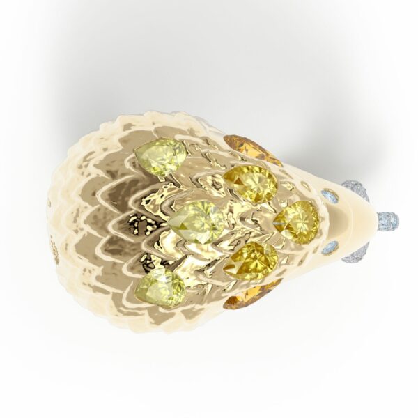 18kt gold diamond and sapphire pinky ring, eagle ring, storytelling ring, luxury, gold texture