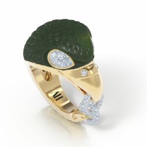 New Zealand green jade pounamu carved ring 18kt yellow gold diamond eagle head pinky ring