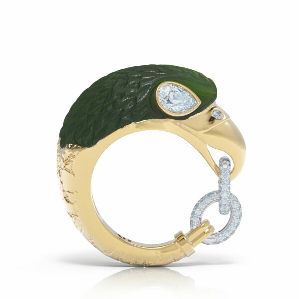 New Zealand green jade pounamu carved ring 18kt yellow gold diamond eagle head pinky ring