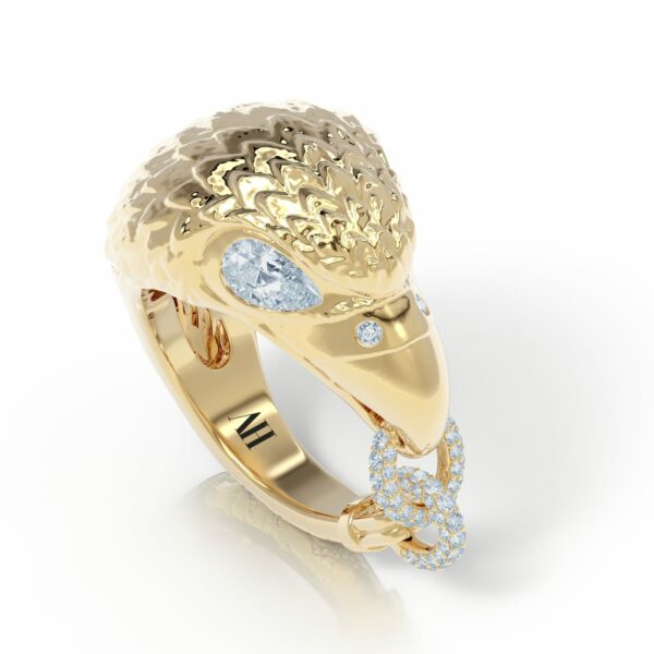 18kt gold diamond pinky ring, eagle ring, storytelling ring, luxury, gold texture