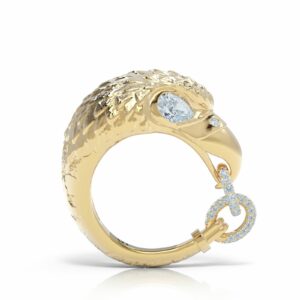 18kt gold diamond pinky ring, eagle ring, storytelling ring, luxury, gold texture