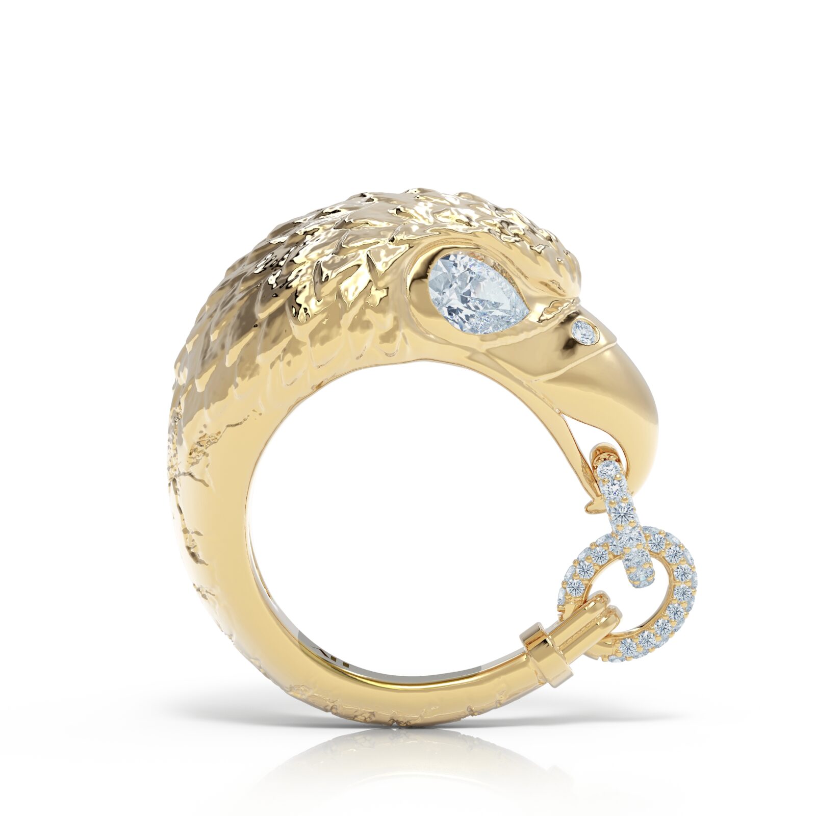 18kt gold diamond pinky ring, eagle ring, storytelling ring, luxury, gold texture
