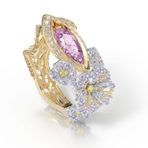 Rosa Spinel, diamond, and sapphire pinky ring in 18kt gold by Alice Herald